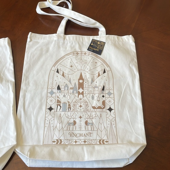 2 BNWT Tote Bags Enchant 100% cotton Grocery & more Santa shop & elves - Picture 2 of 7